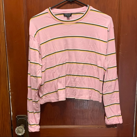 Topshop Tops - Topshop Pink Striped Long Sleeve Cropped Shirt